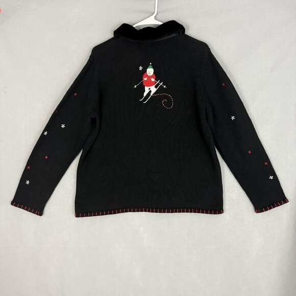 Designers Originals Studio JOY Cardigan Sweater Womens Large Black Xmas Snowmen - Picture 2 of 14